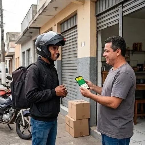Comerciante mostrando o celular para um entregador de moto na calçada