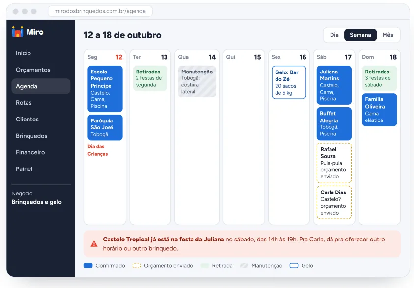 Tela de agenda semanal do sistema Miro com festas confirmadas e orçamentos